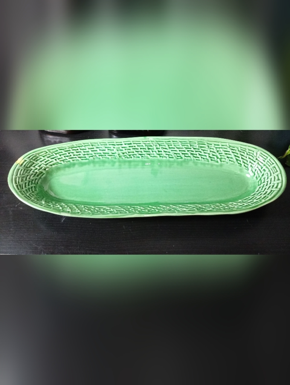 Vintage Ceramic Green Glaze Serving Dish Oval Shaped